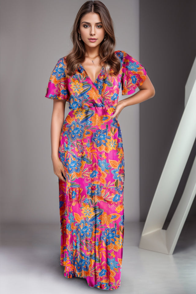 Printed Surplice Short Sleeve Maxi Dress.