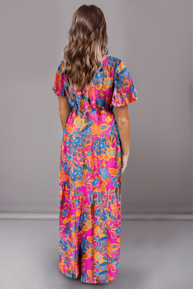 Printed Surplice Short Sleeve Maxi Dress.