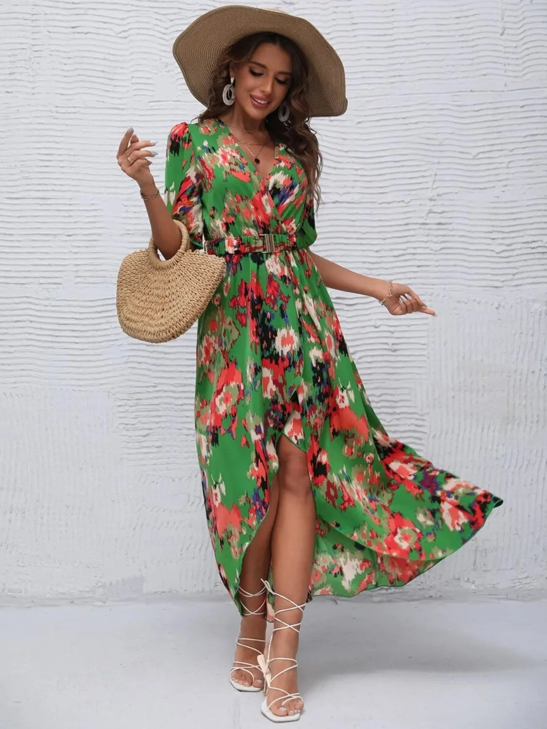 Printed Surplice Short Sleeve Maxi Dress.