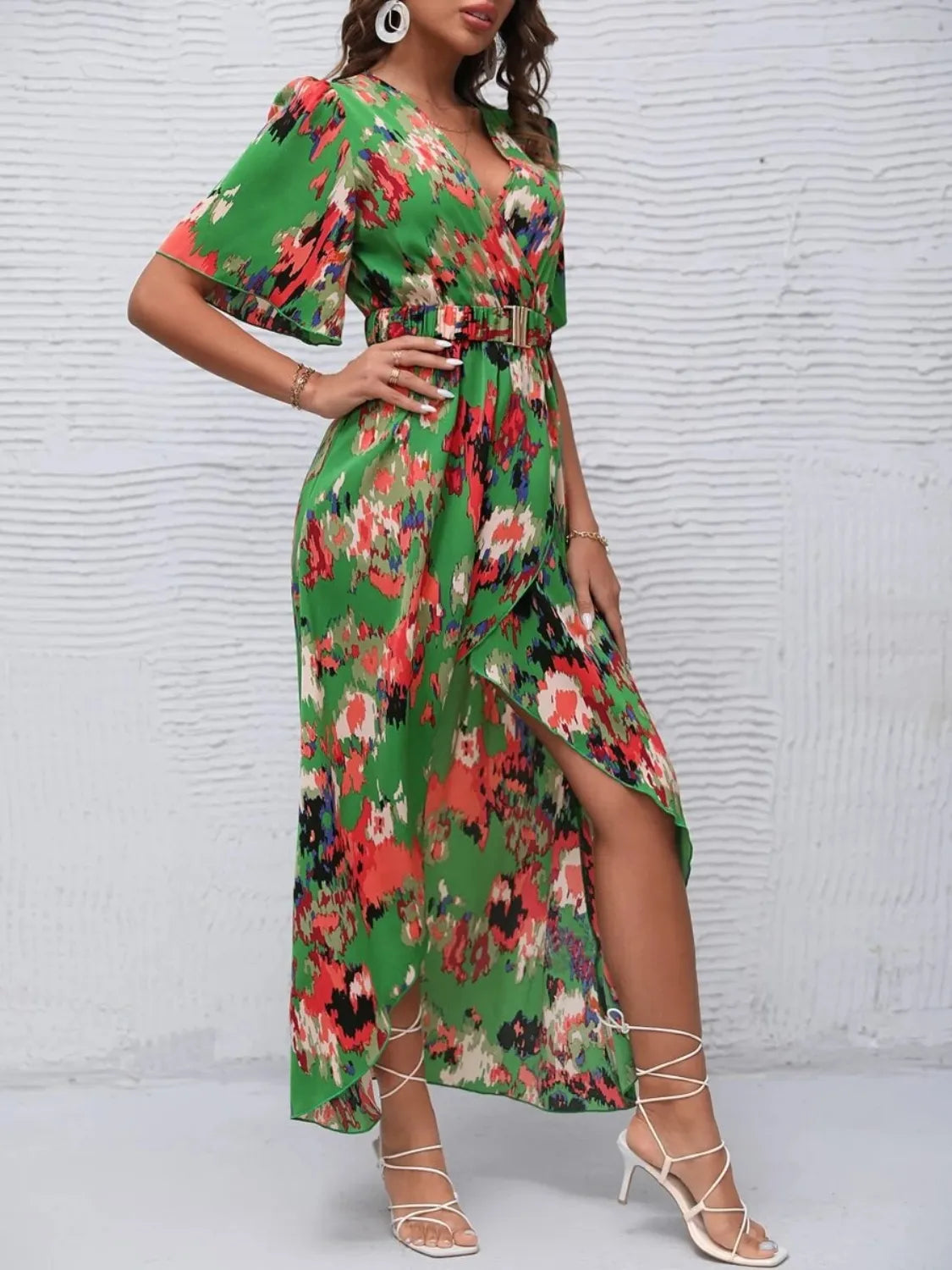 Printed Surplice Short Sleeve Maxi Dress.
