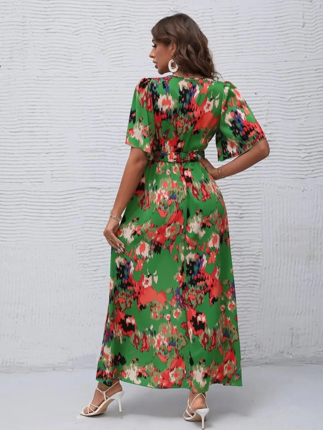Printed Surplice Short Sleeve Maxi Dress.