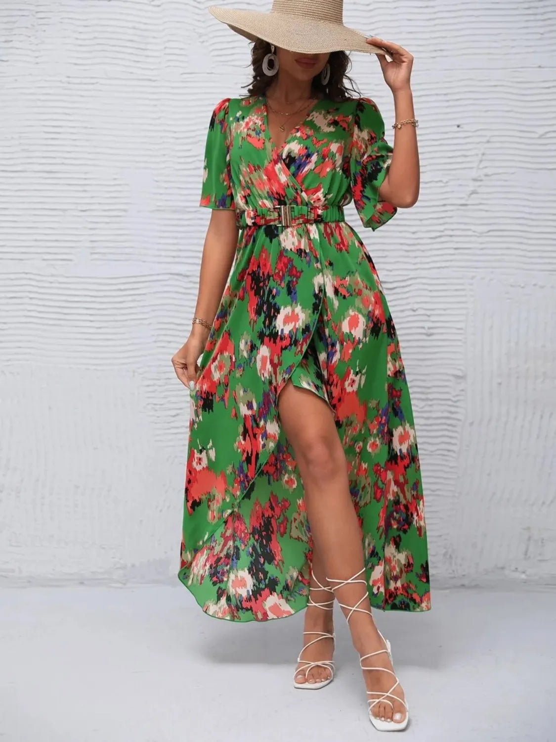 Printed Surplice Short Sleeve Maxi Dress.