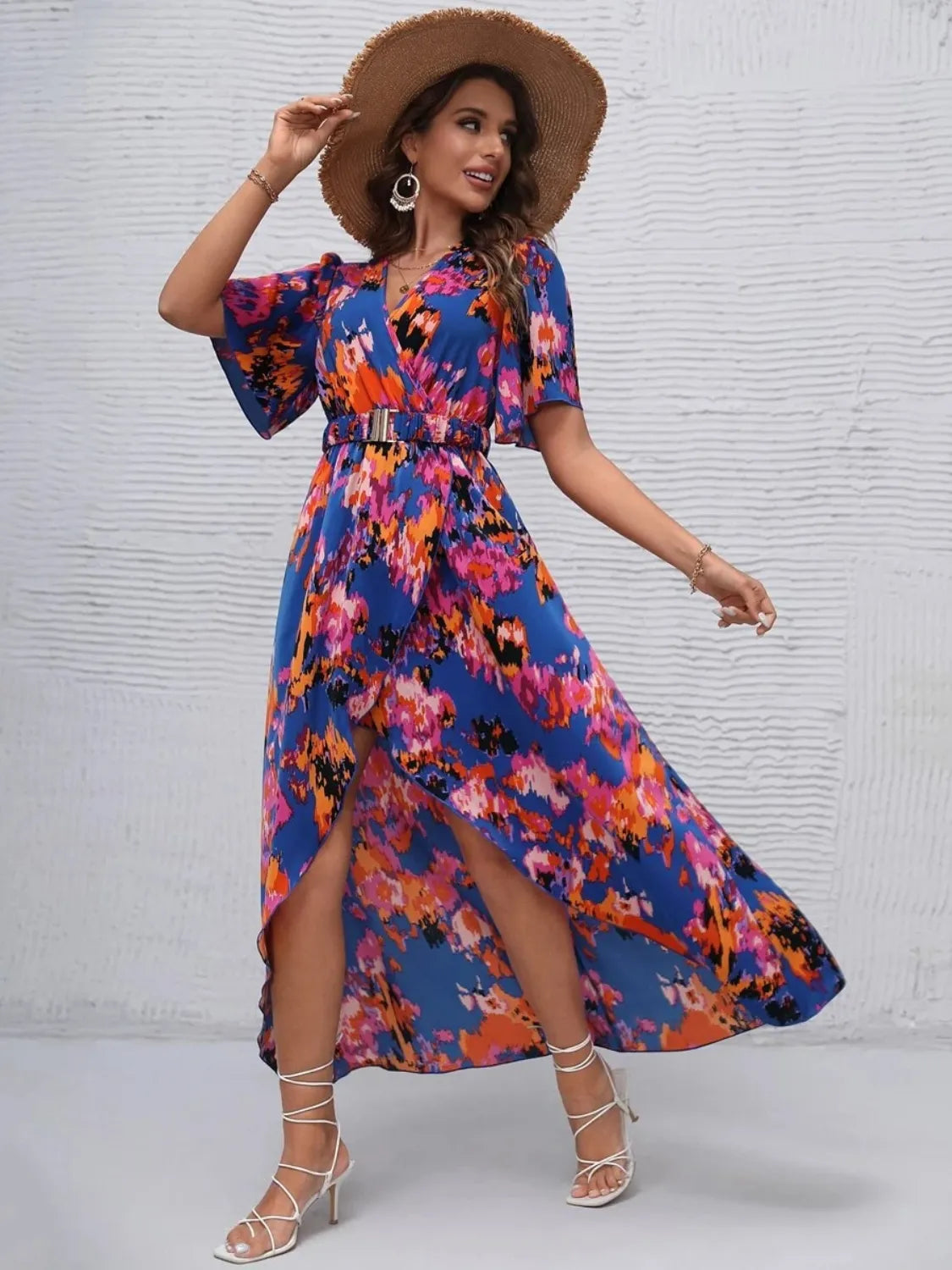 Printed Surplice Short Sleeve Maxi Dress.