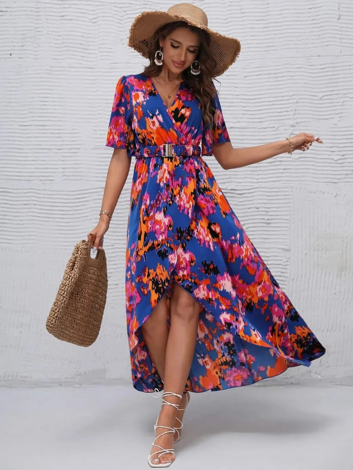 Printed Surplice Short Sleeve Maxi Dress.