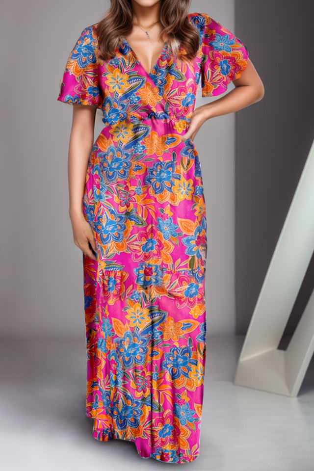 Printed Surplice Short Sleeve Maxi Dress.