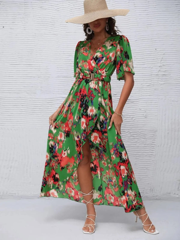 Printed Surplice Short Sleeve Maxi Dress.