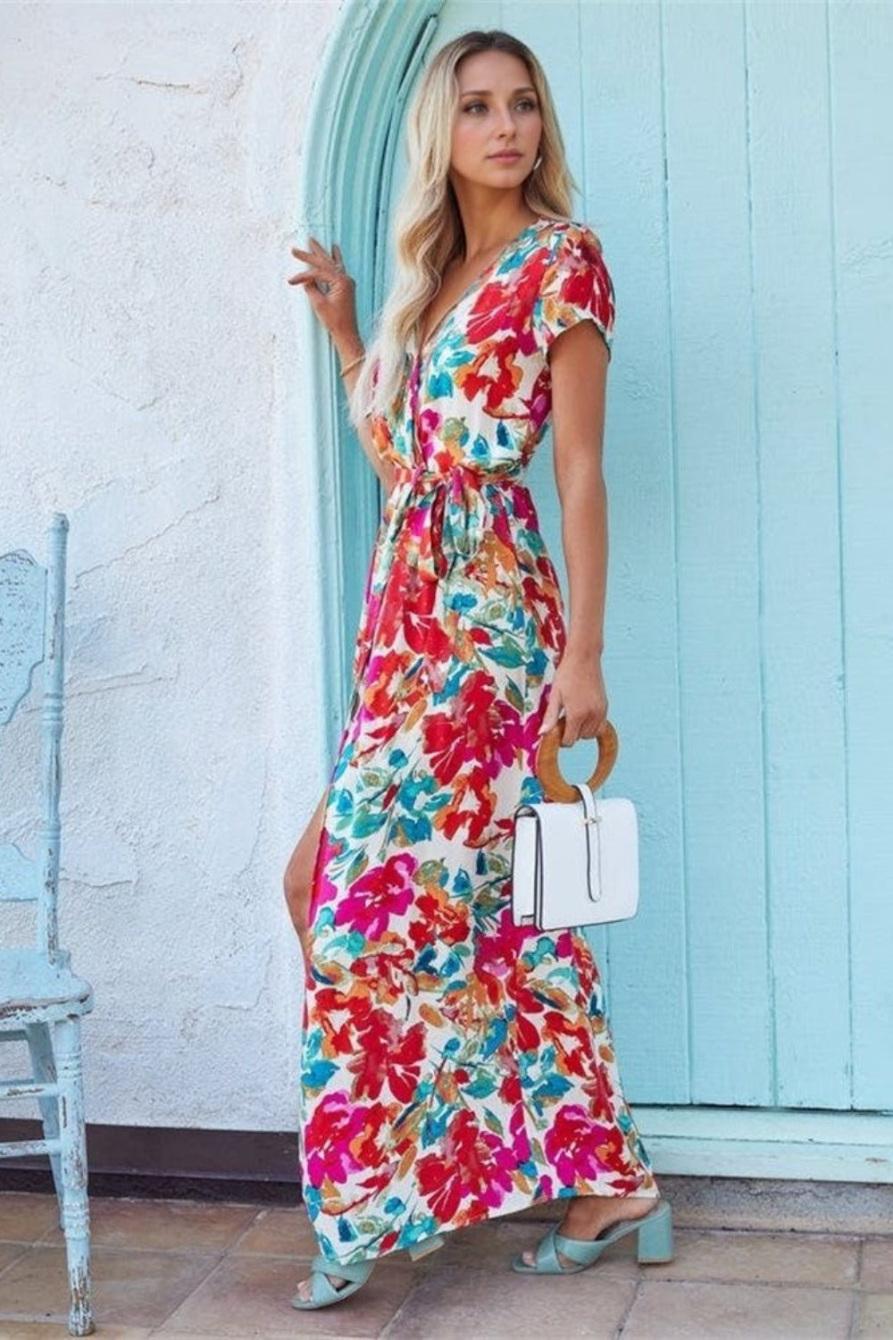 Printed Surplice Short Sleeve Tie Waist Maxi Dress.