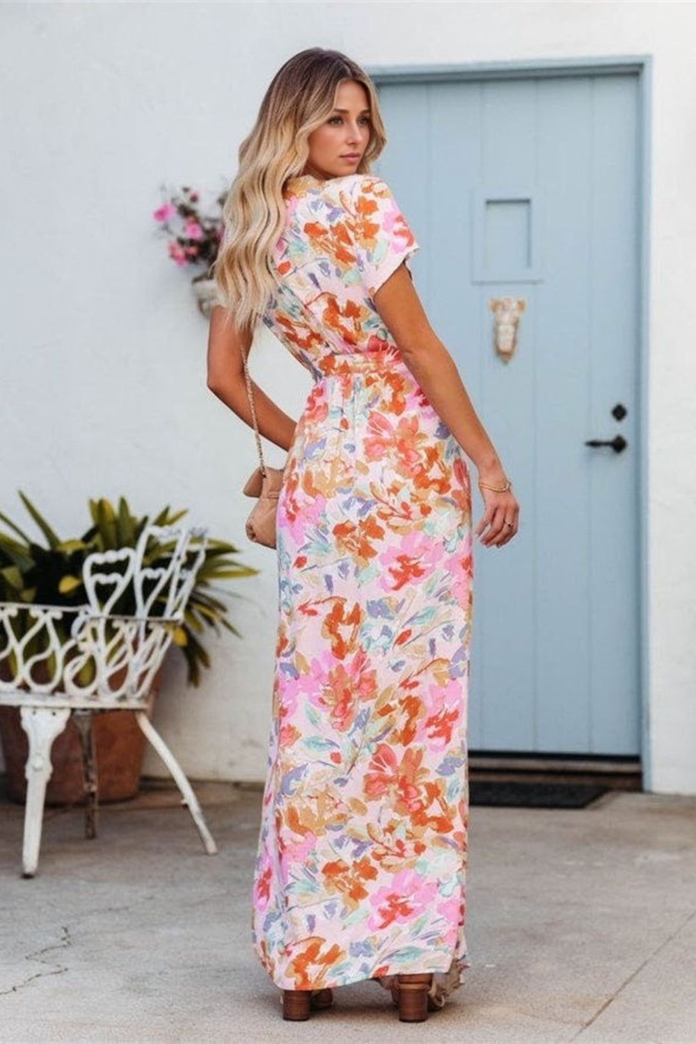 Printed Surplice Short Sleeve Tie Waist Maxi Dress.