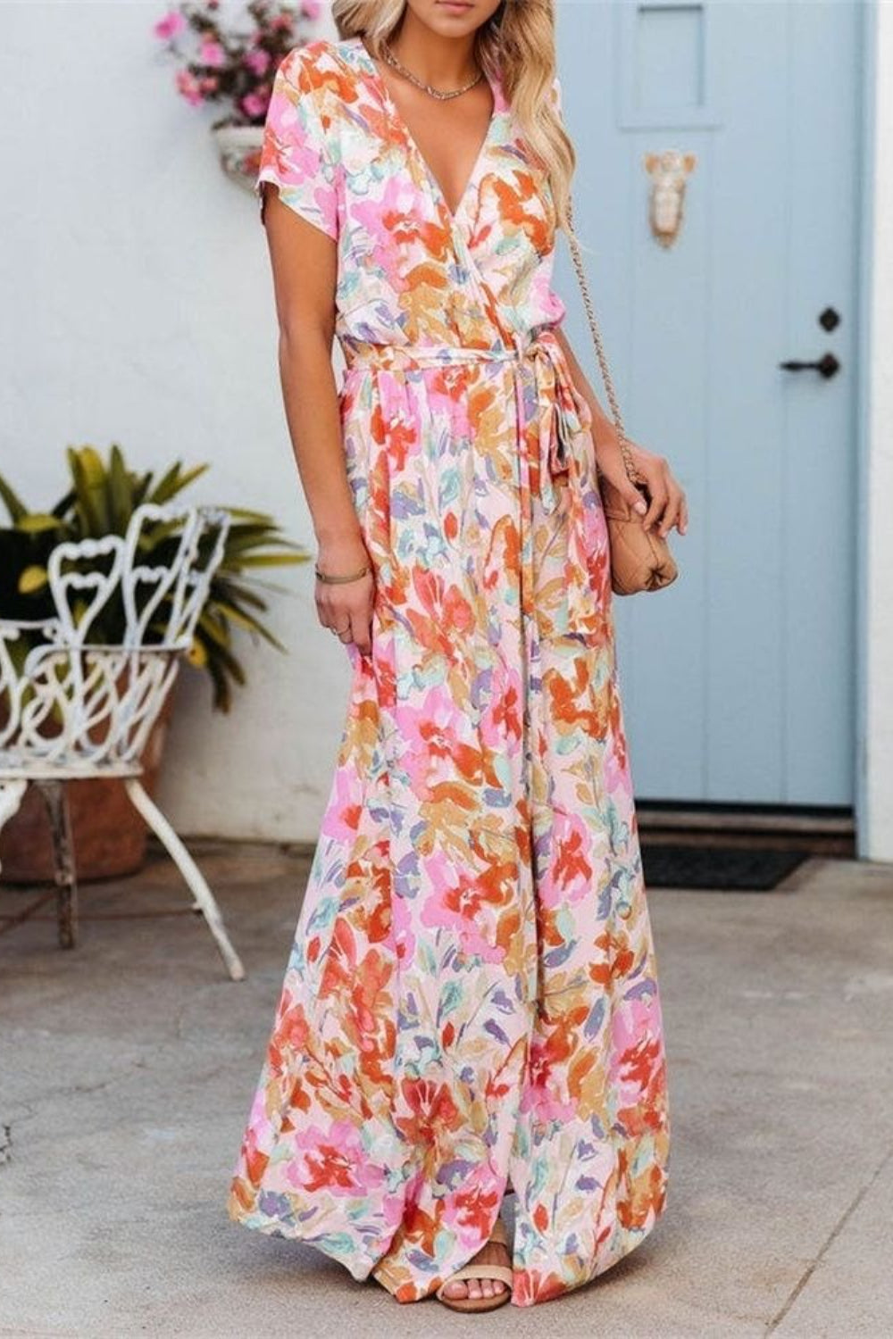 Printed Surplice Short Sleeve Tie Waist Maxi Dress.
