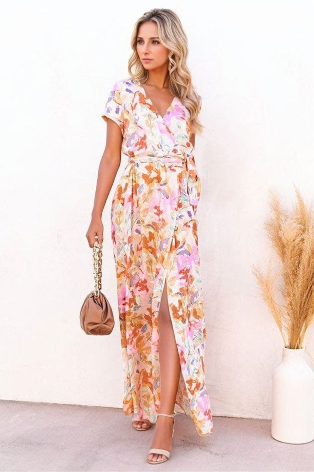 Printed Surplice Short Sleeve Tie Waist Maxi Dress.