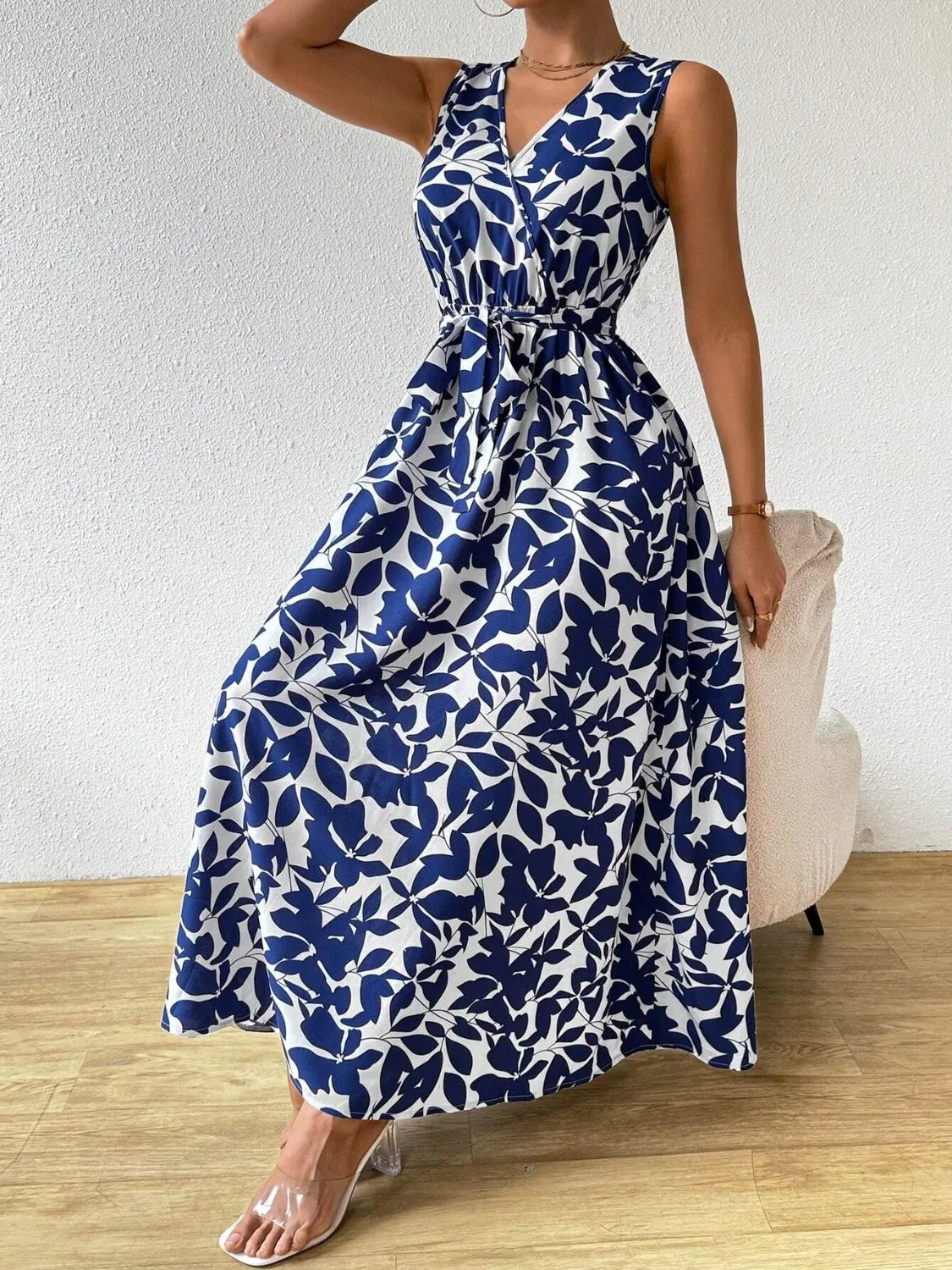 Printed Surplice Sleeveless Maxi Dress.