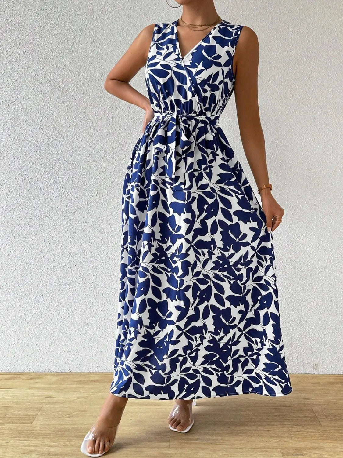 Printed Surplice Sleeveless Maxi Dress.