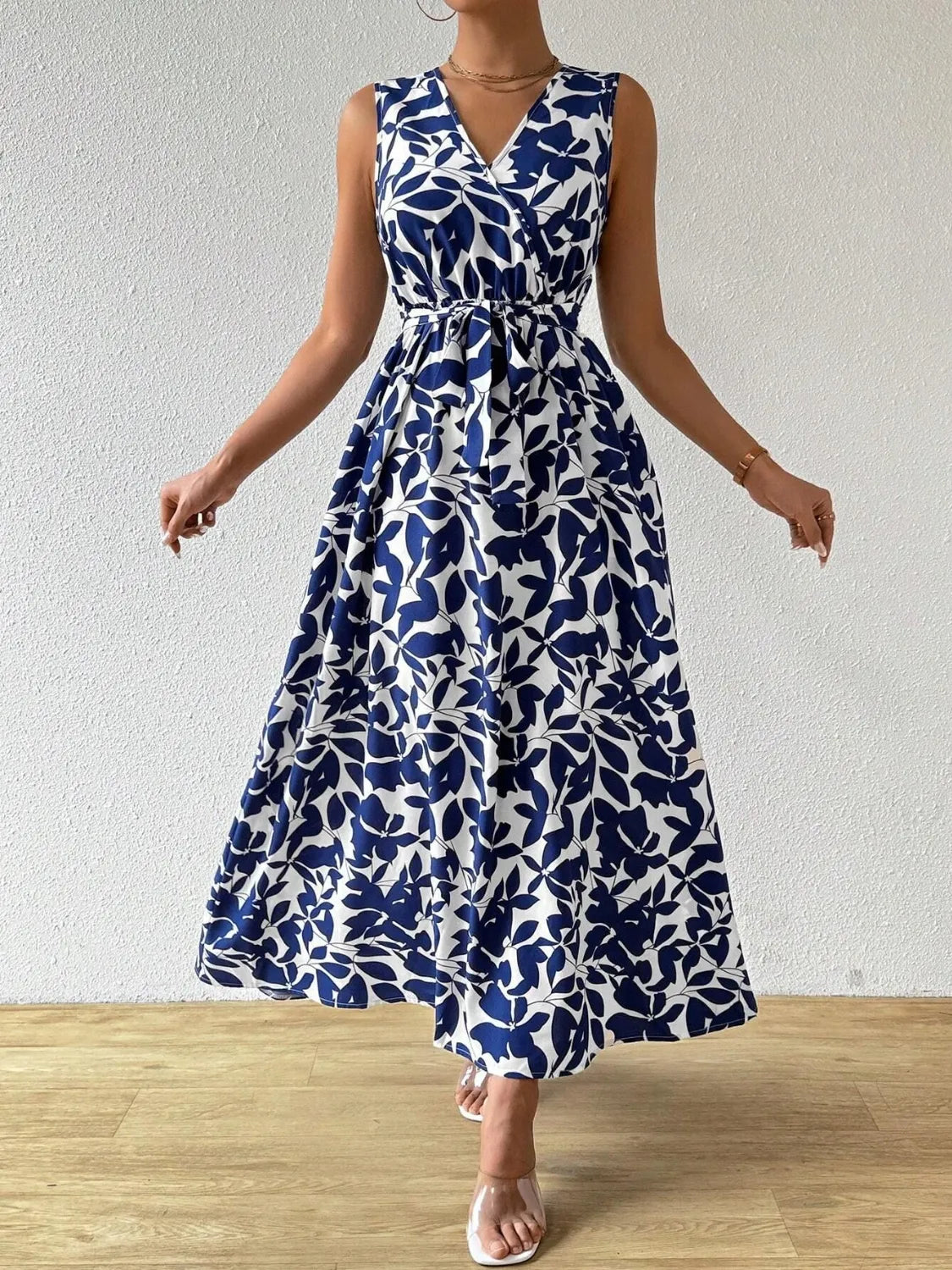 Printed Surplice Sleeveless Maxi Dress.