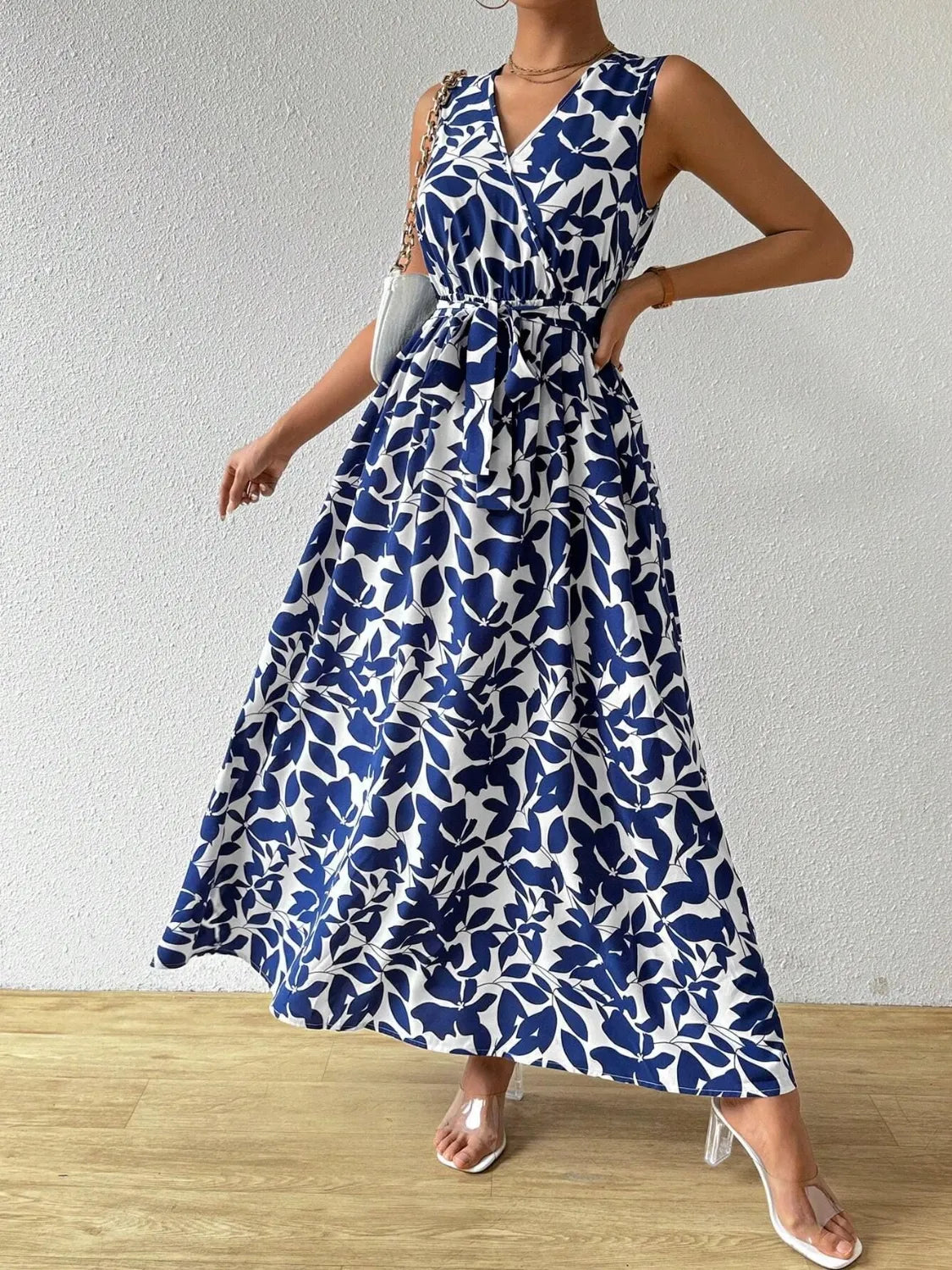 Printed Surplice Sleeveless Maxi Dress.