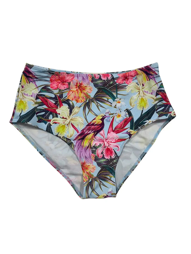 Printed surplice wide strap two-piece swim set with removable padding.