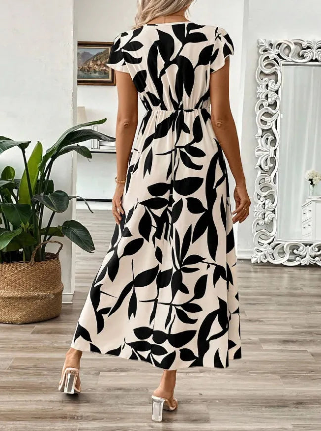 Printed Surplice Wrap Midi Dress.