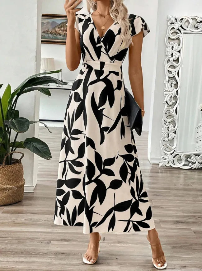 Printed Surplice Wrap Midi Dress.