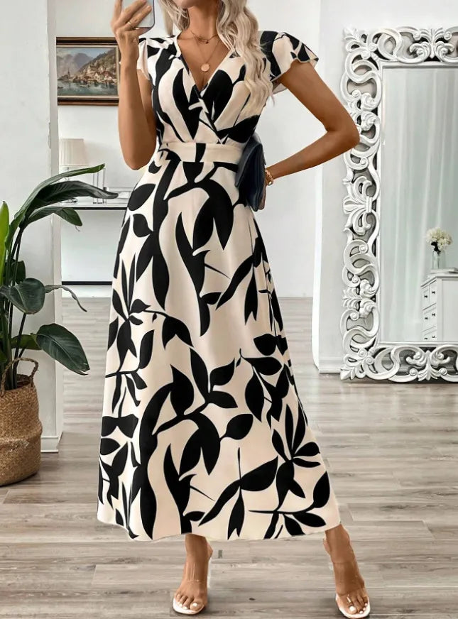 Printed Surplice Wrap Midi Dress.