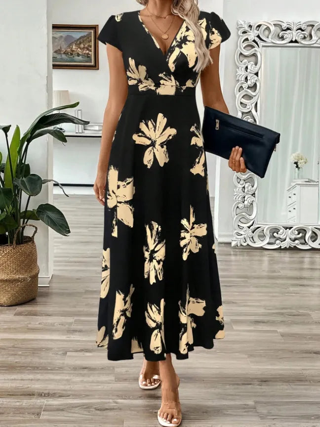 Printed Surplice Wrap Midi Dress.