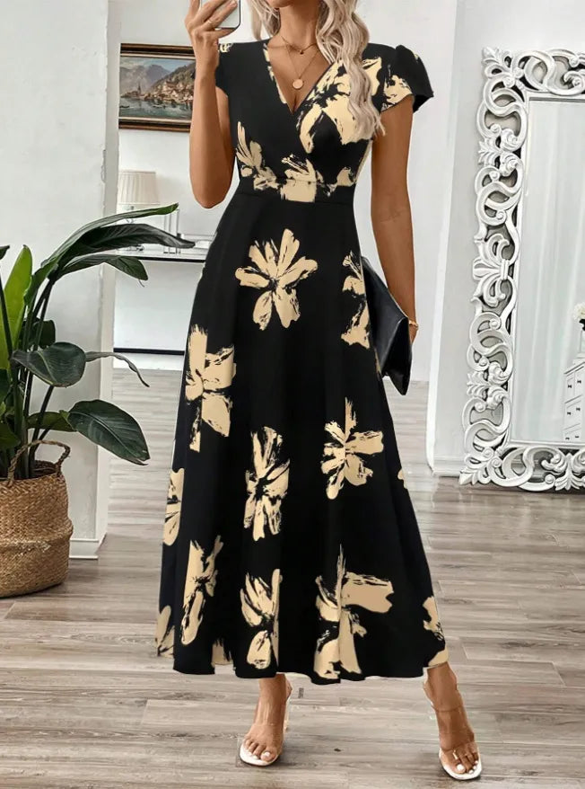 Printed Surplice Wrap Midi Dress.