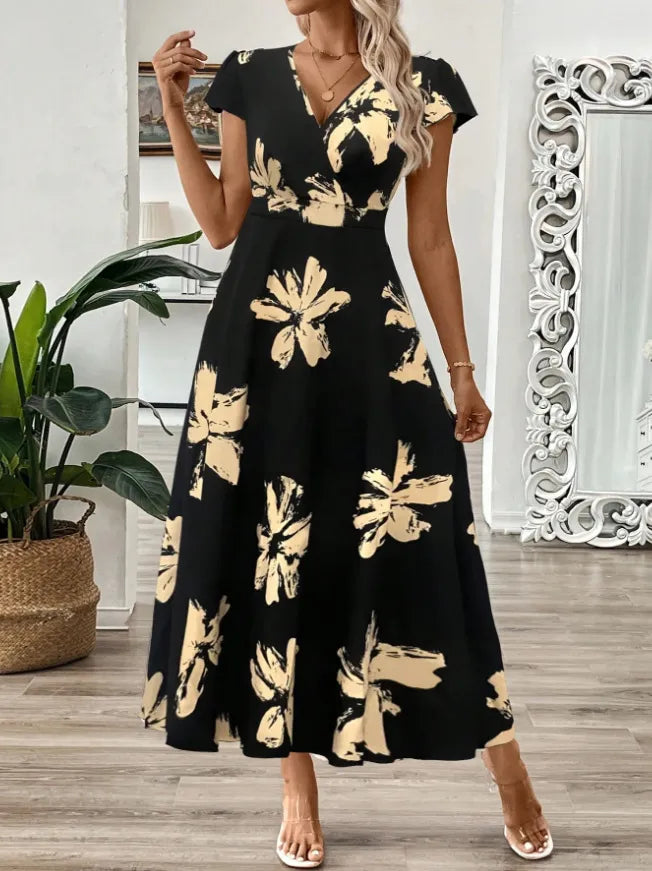 Printed Surplice Wrap Midi Dress.