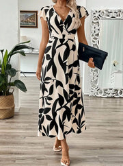 Printed Surplice Wrap Midi Dress.