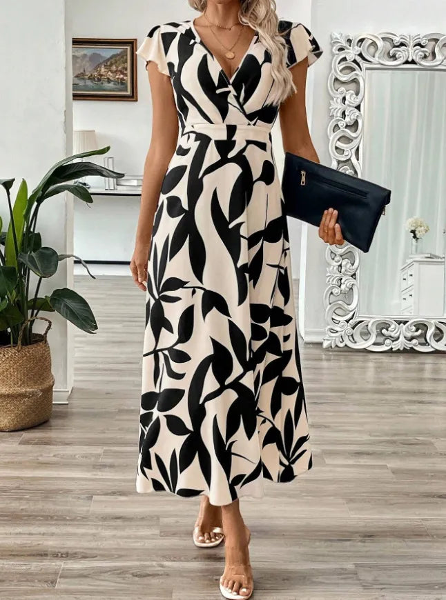 Printed Surplice Wrap Midi Dress.