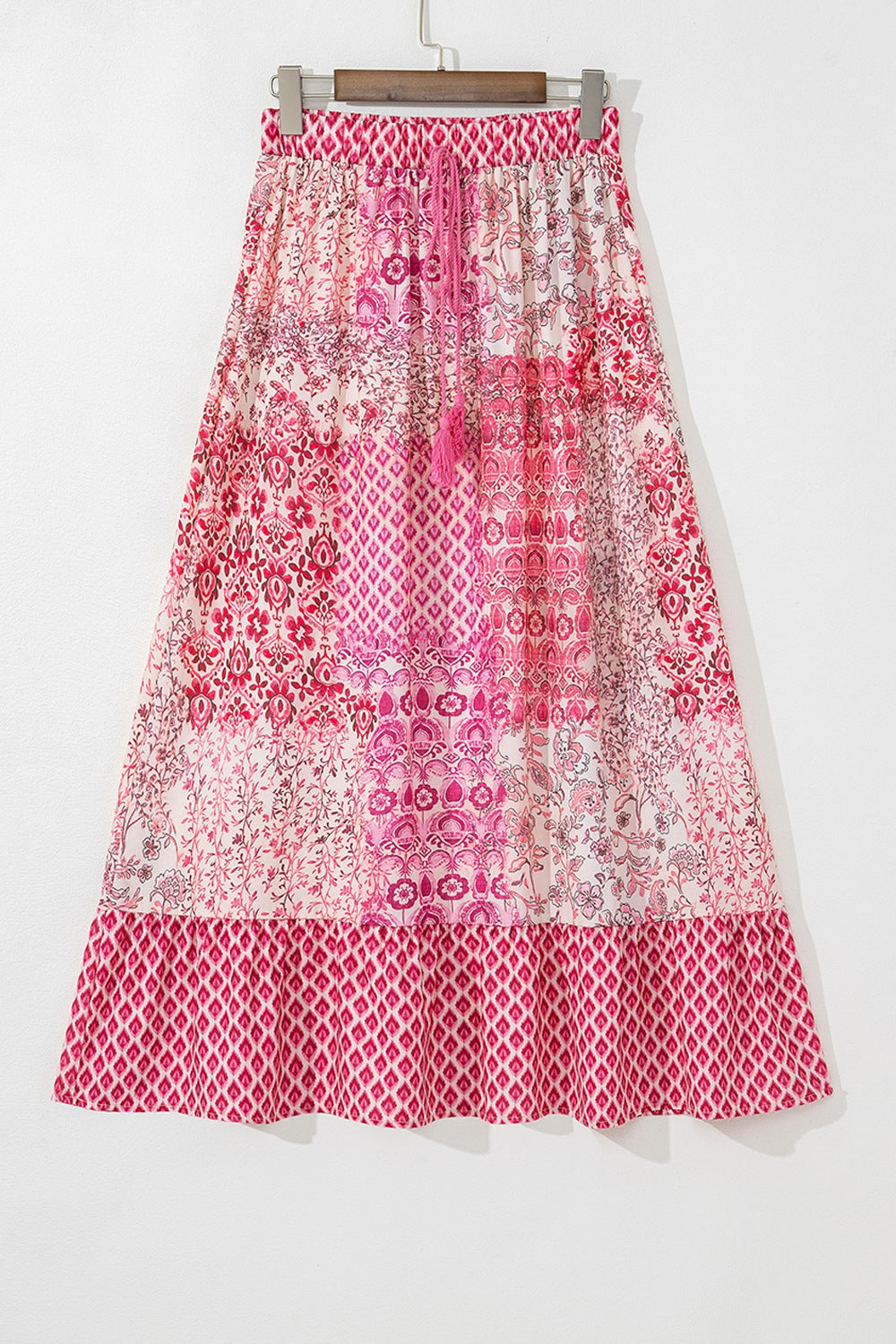 Printed Tassel Drawstring High Waist Maxi Skirt.
