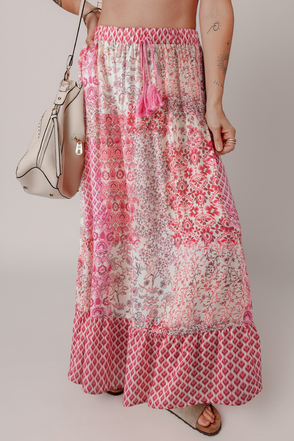 Printed Tassel Drawstring High Waist Maxi Skirt.