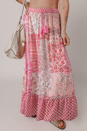 Printed Tassel Drawstring High Waist Maxi Skirt.