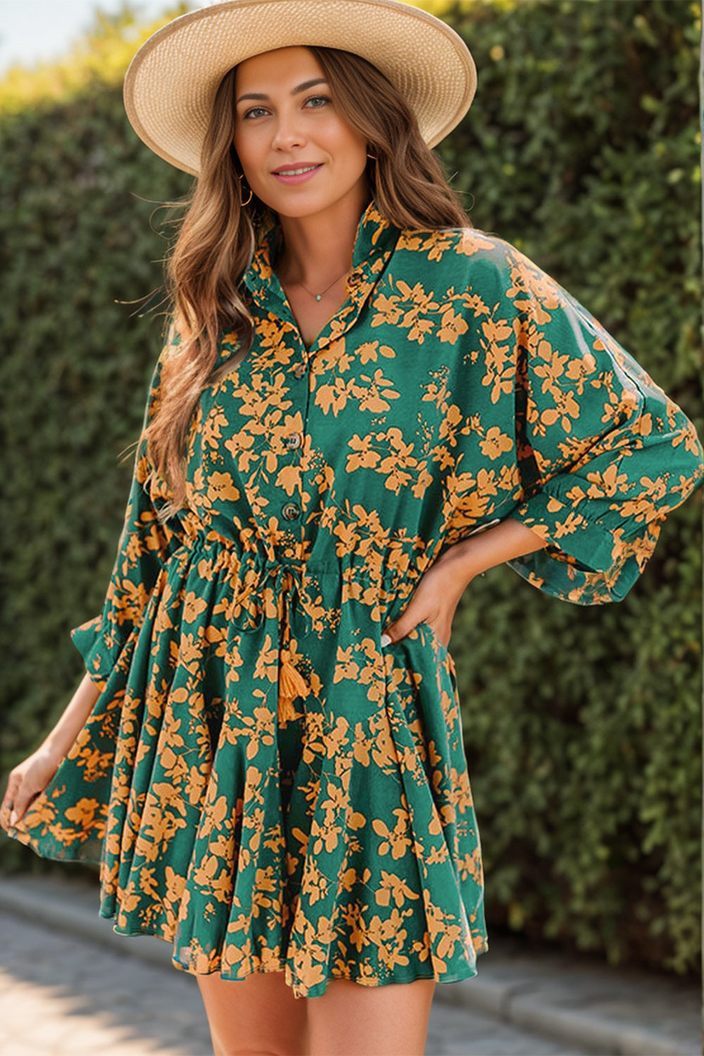Printed Three-Quarter Sleeve Mini Dress.