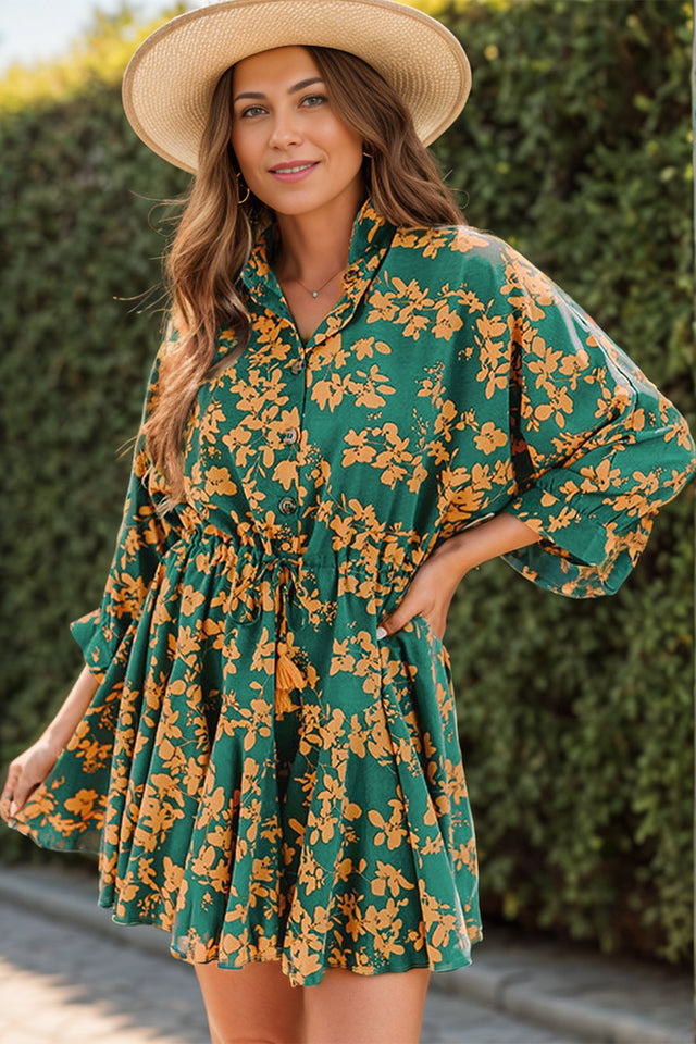 Printed Three-Quarter Sleeve Mini Dress.
