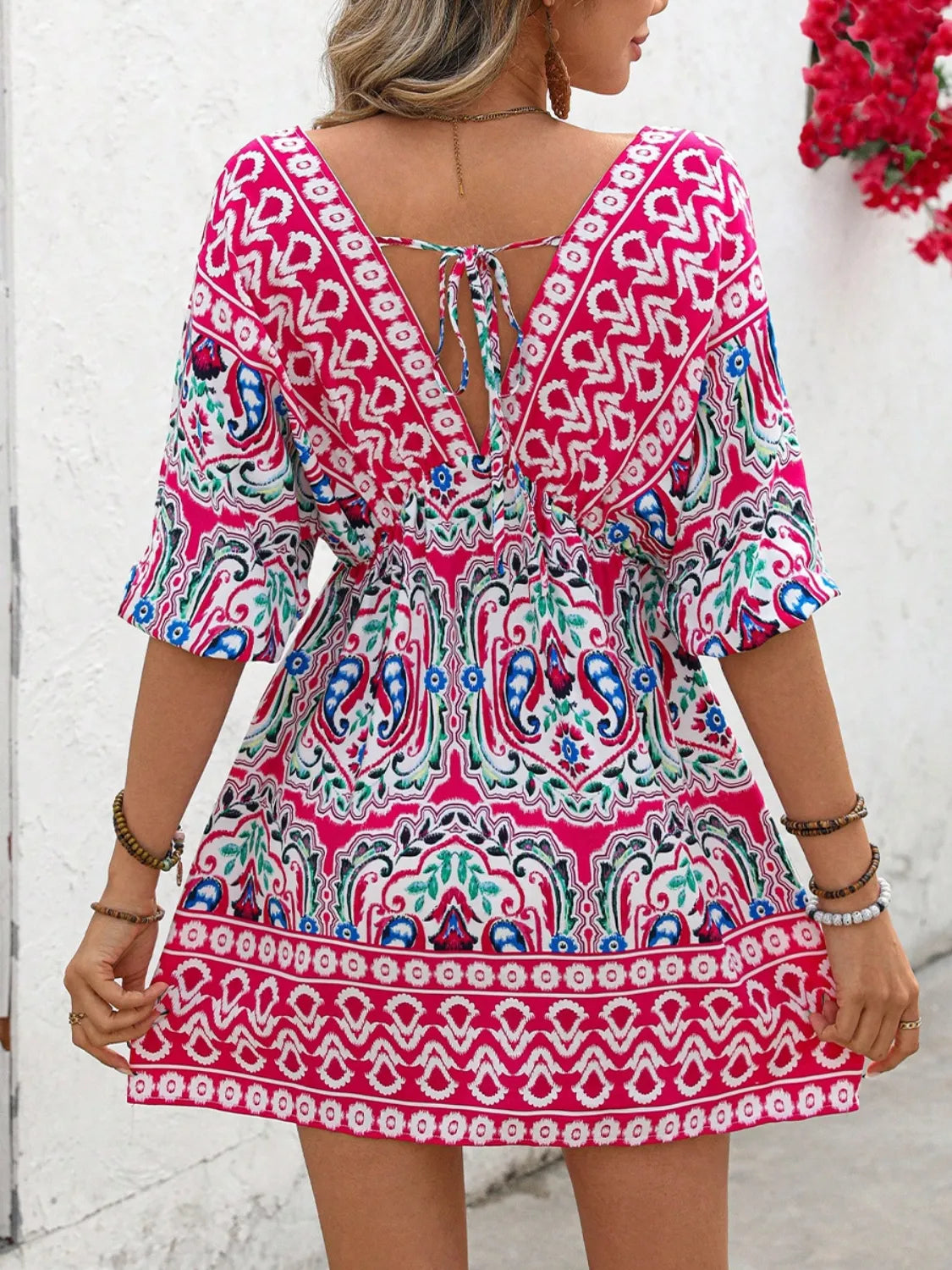Printed Tie Back Half Sleeve Mini Dress.