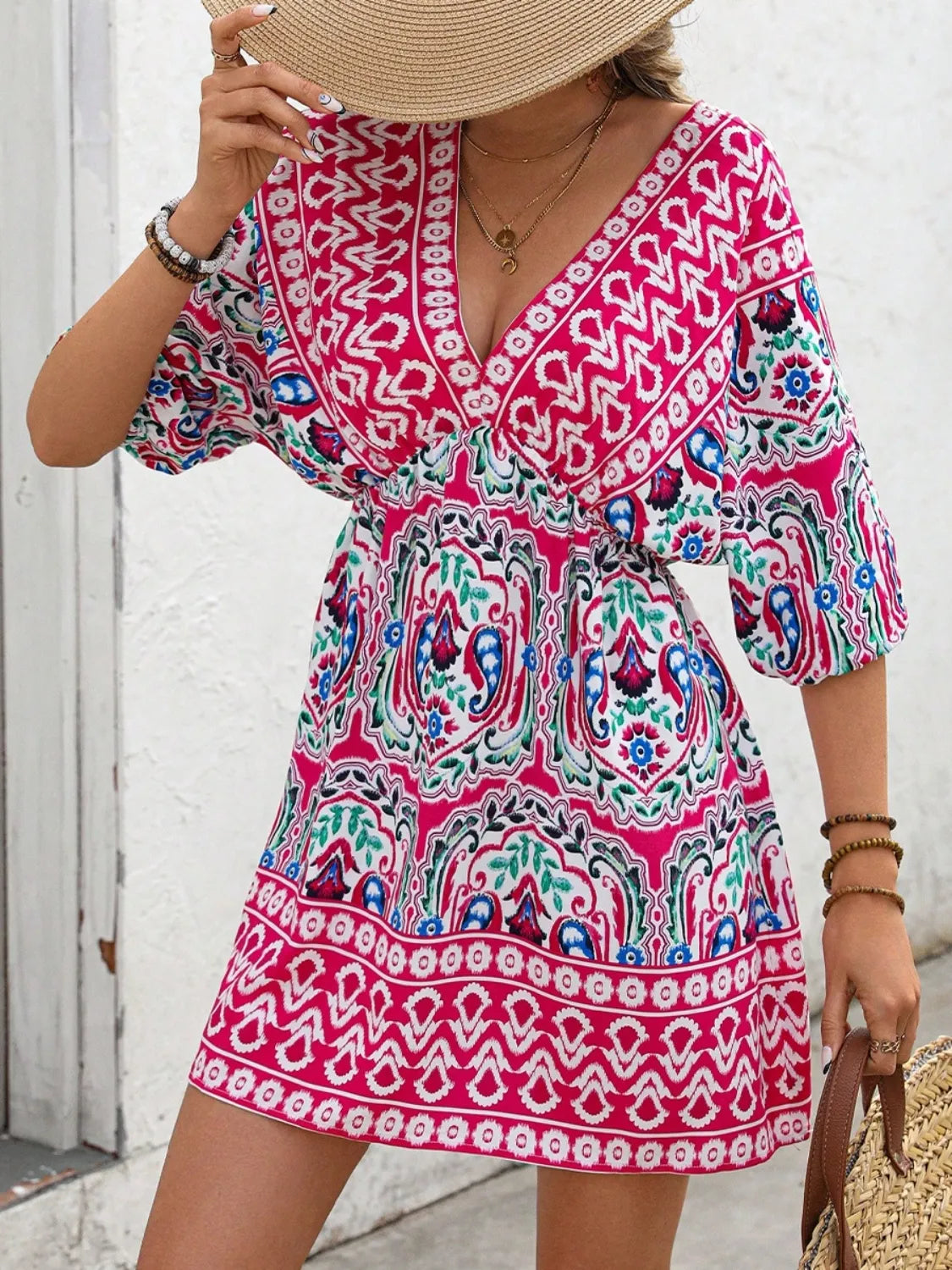 Printed Tie Back Half Sleeve Mini Dress.