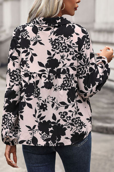 Perfee Printed Tie Neck Balloon Sleeve Blouse with Tied.