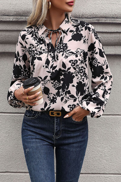 Perfee Printed Tie Neck Balloon Sleeve Blouse with Tied.