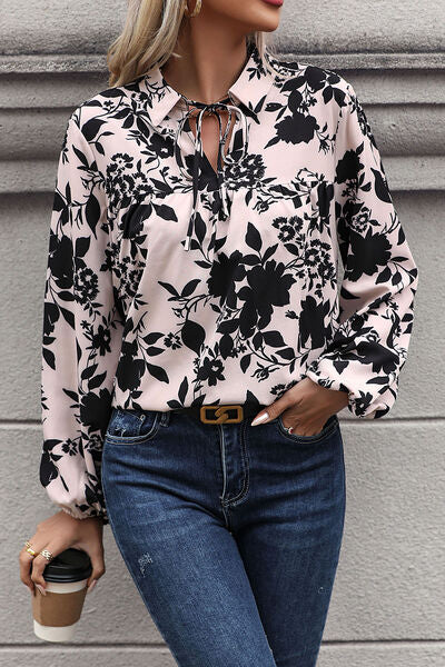 Perfee Printed Tie Neck Balloon Sleeve Blouse with Tied.