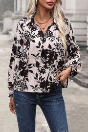 Perfee Printed Tie Neck Balloon Sleeve Blouse with Tied.