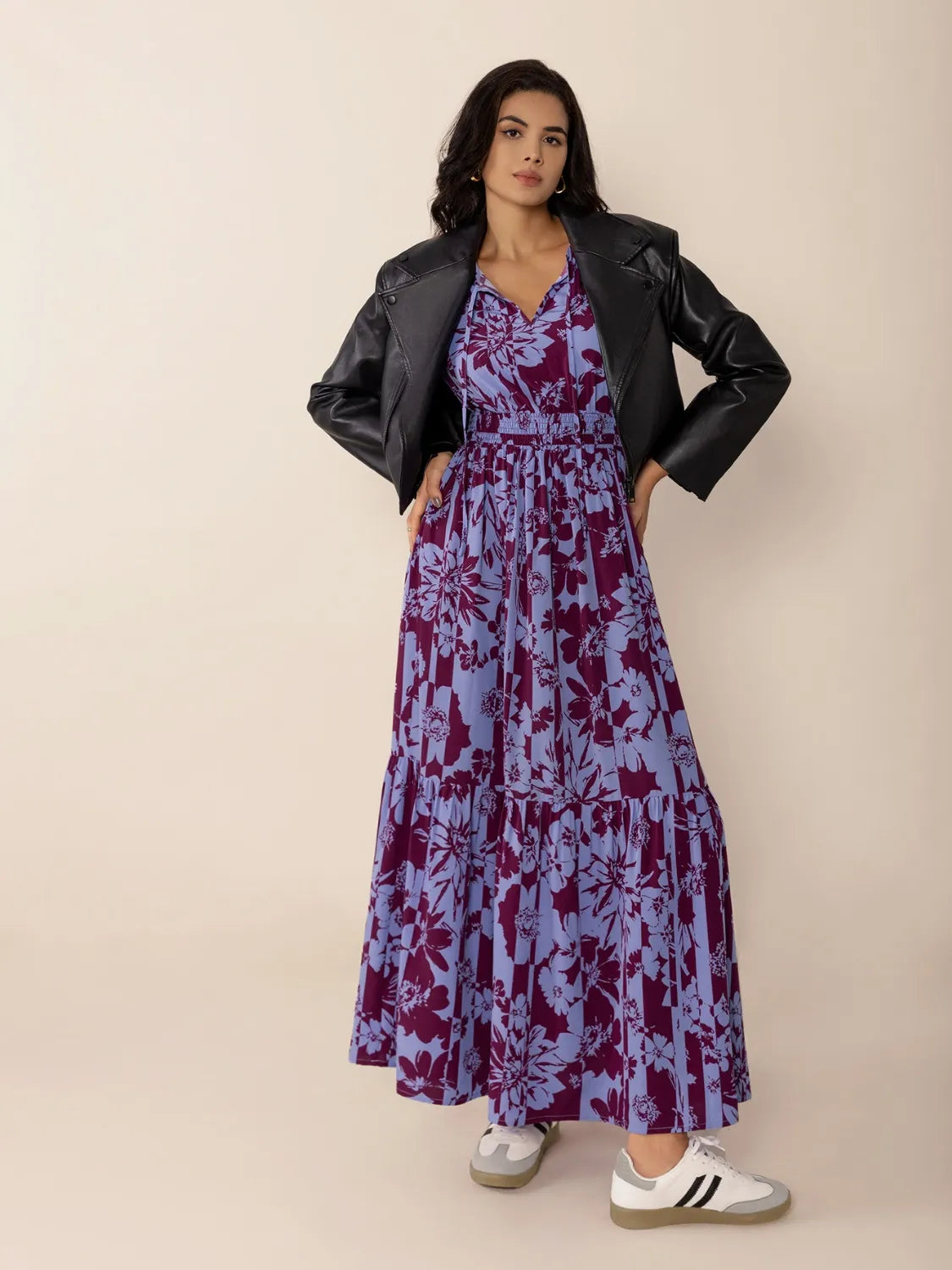 Printed Tie Neck Balloon Sleeve Maxi Dress.