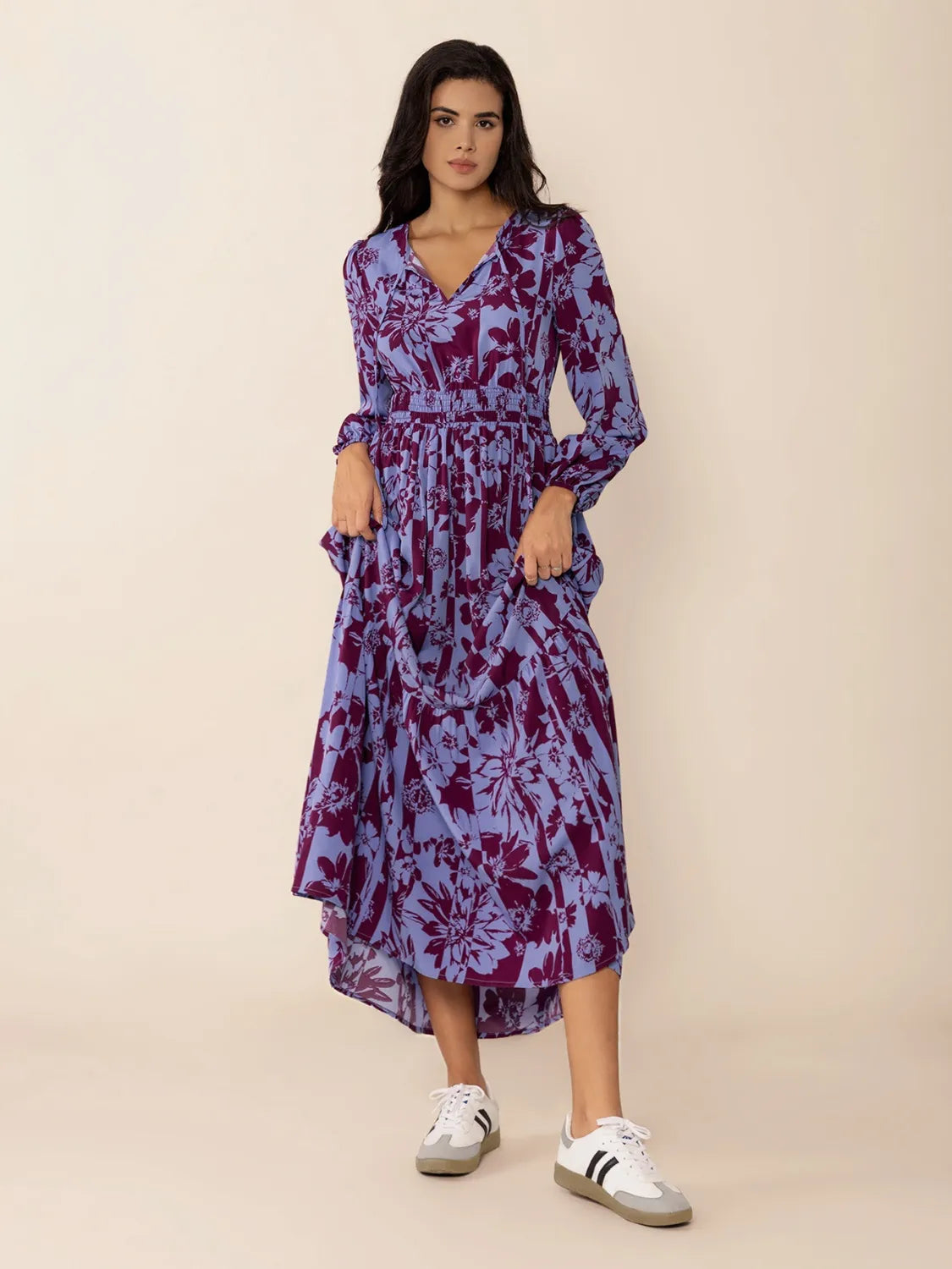 Printed Tie Neck Balloon Sleeve Maxi Dress.
