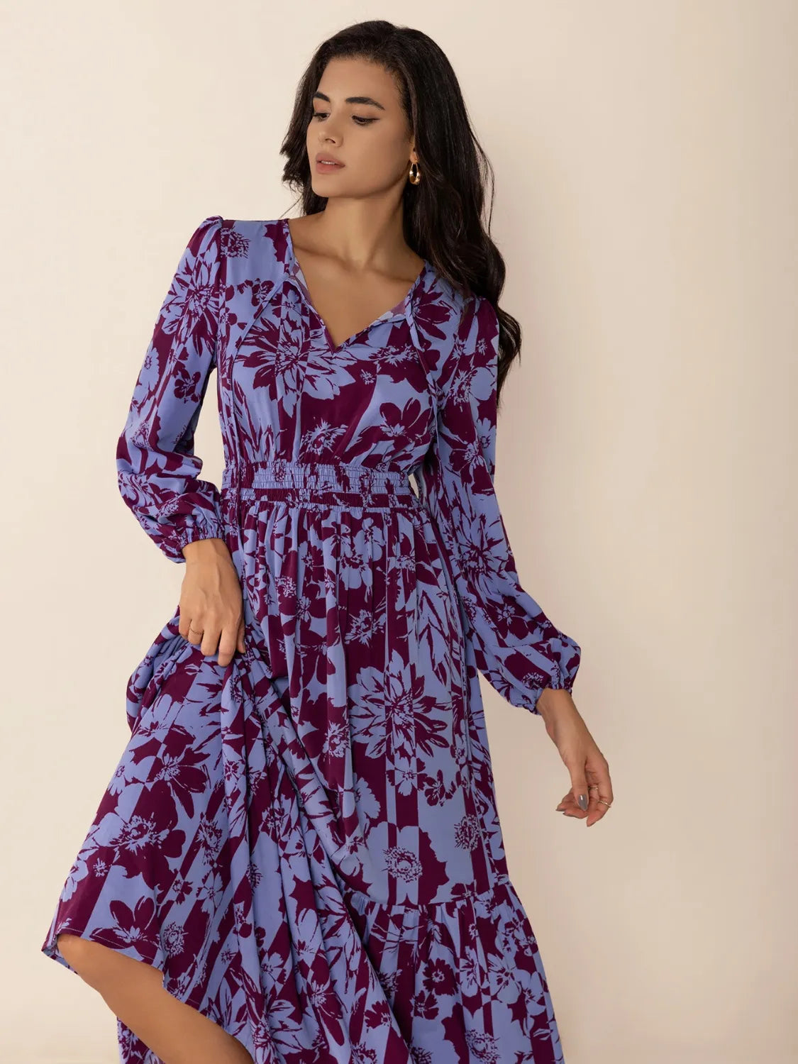 Printed Tie Neck Balloon Sleeve Maxi Dress.