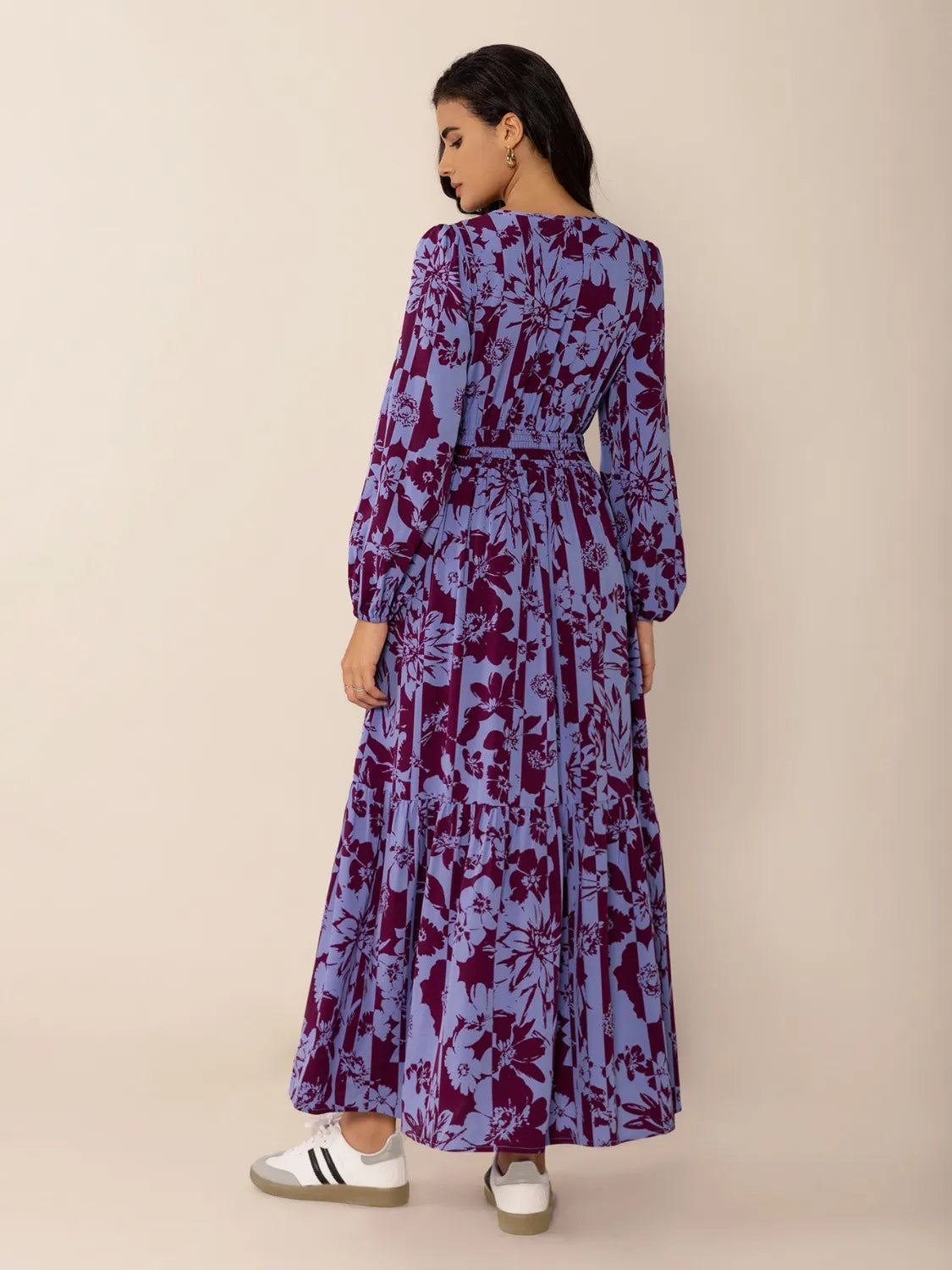 Printed Tie Neck Balloon Sleeve Maxi Dress.