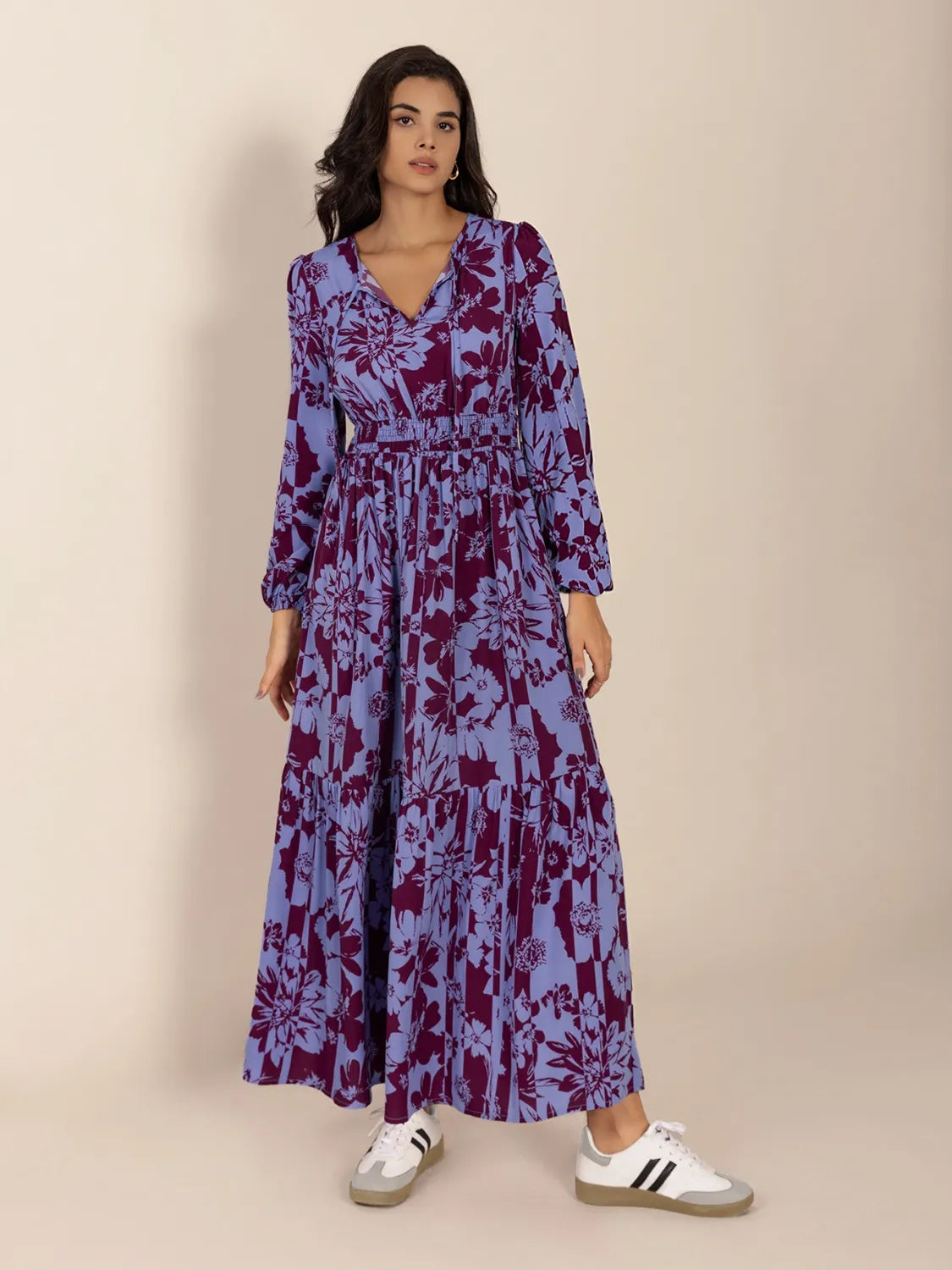 Printed Tie Neck Balloon Sleeve Maxi Dress.