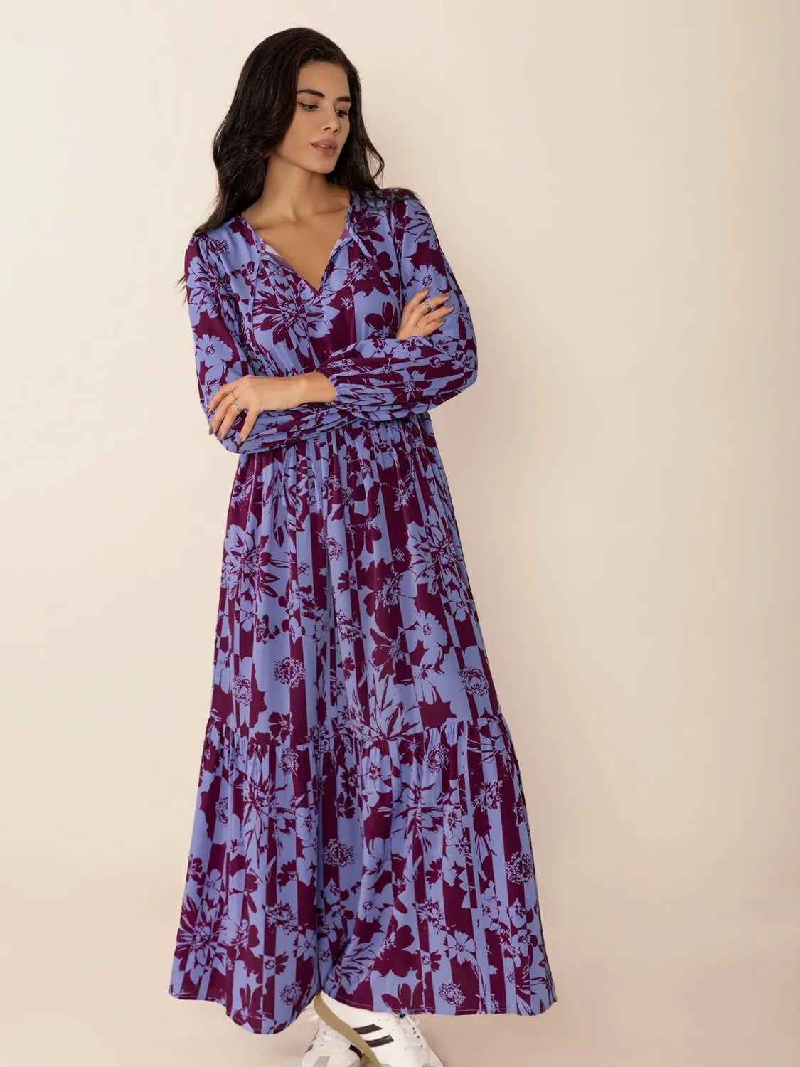 Printed Tie Neck Balloon Sleeve Maxi Dress.