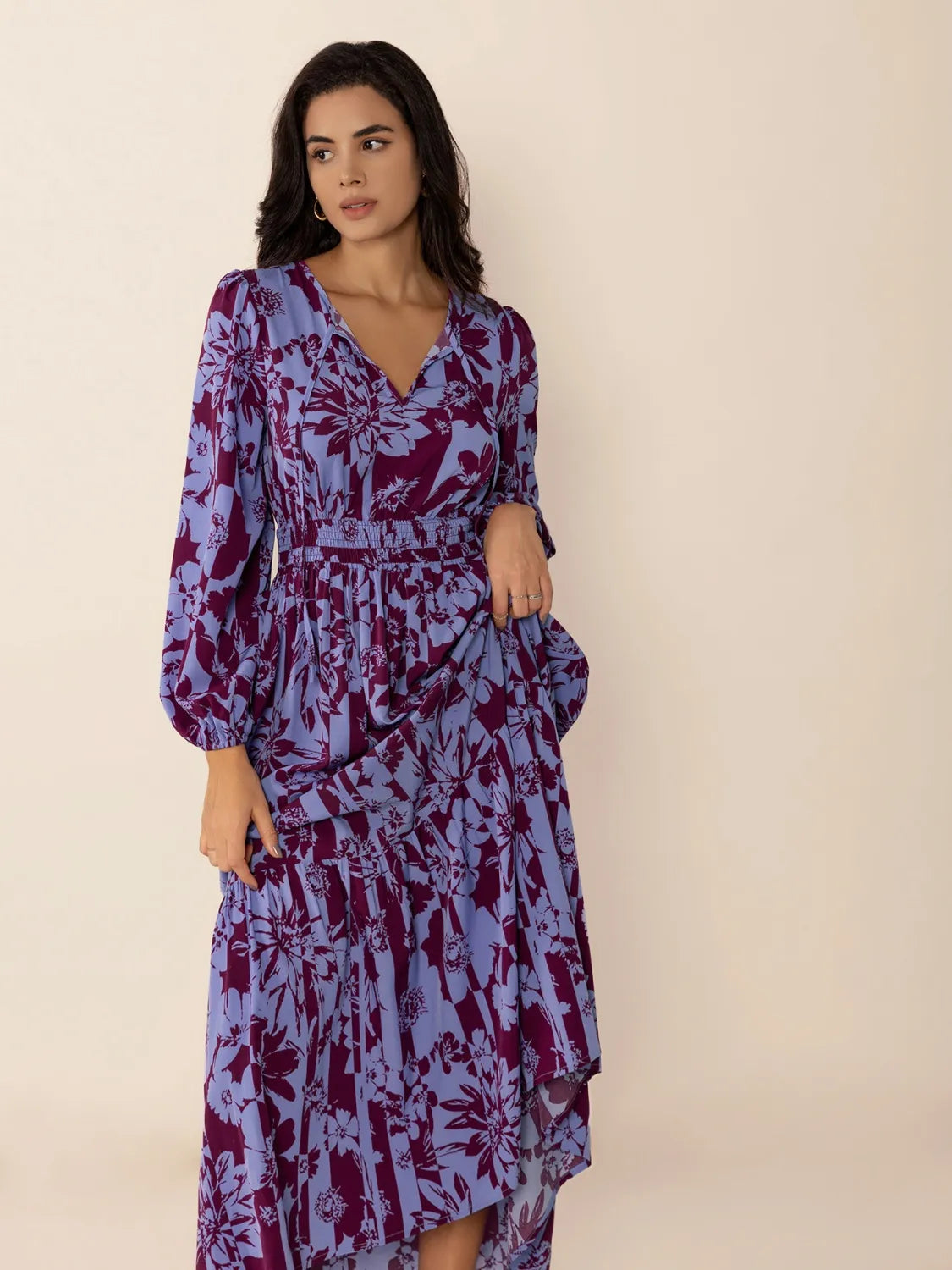 Printed Tie Neck Balloon Sleeve Maxi Dress.