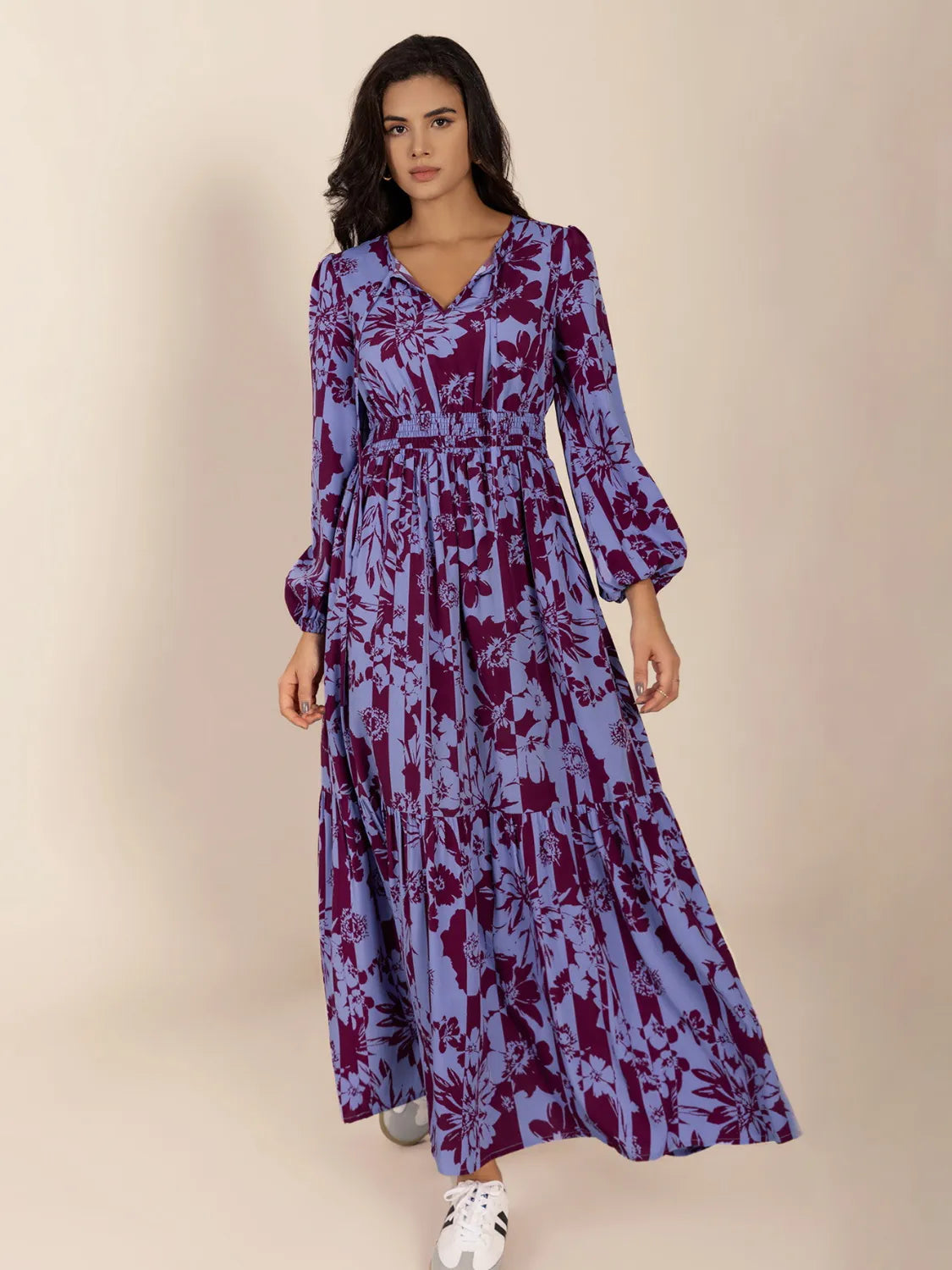 Printed Tie Neck Balloon Sleeve Maxi Dress.