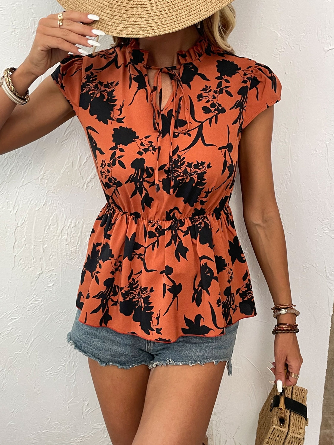 Shiny Printed Tie Neck Cap Sleeve Blouse with Tied.