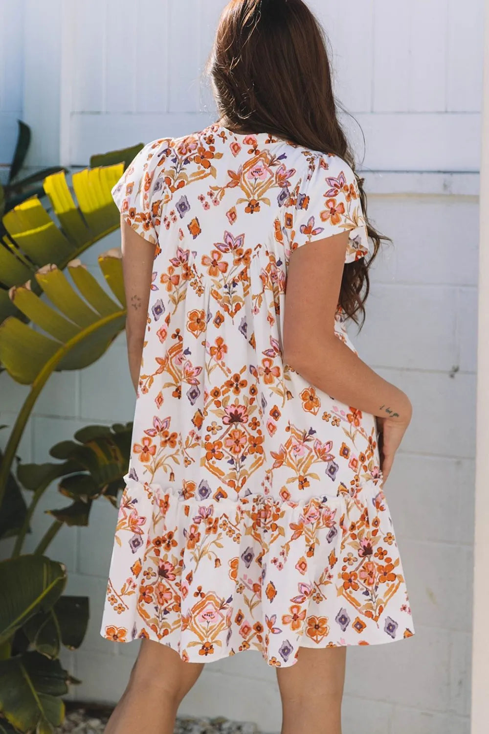 Printed Tie Neck Cap Sleeve Mini Dress.