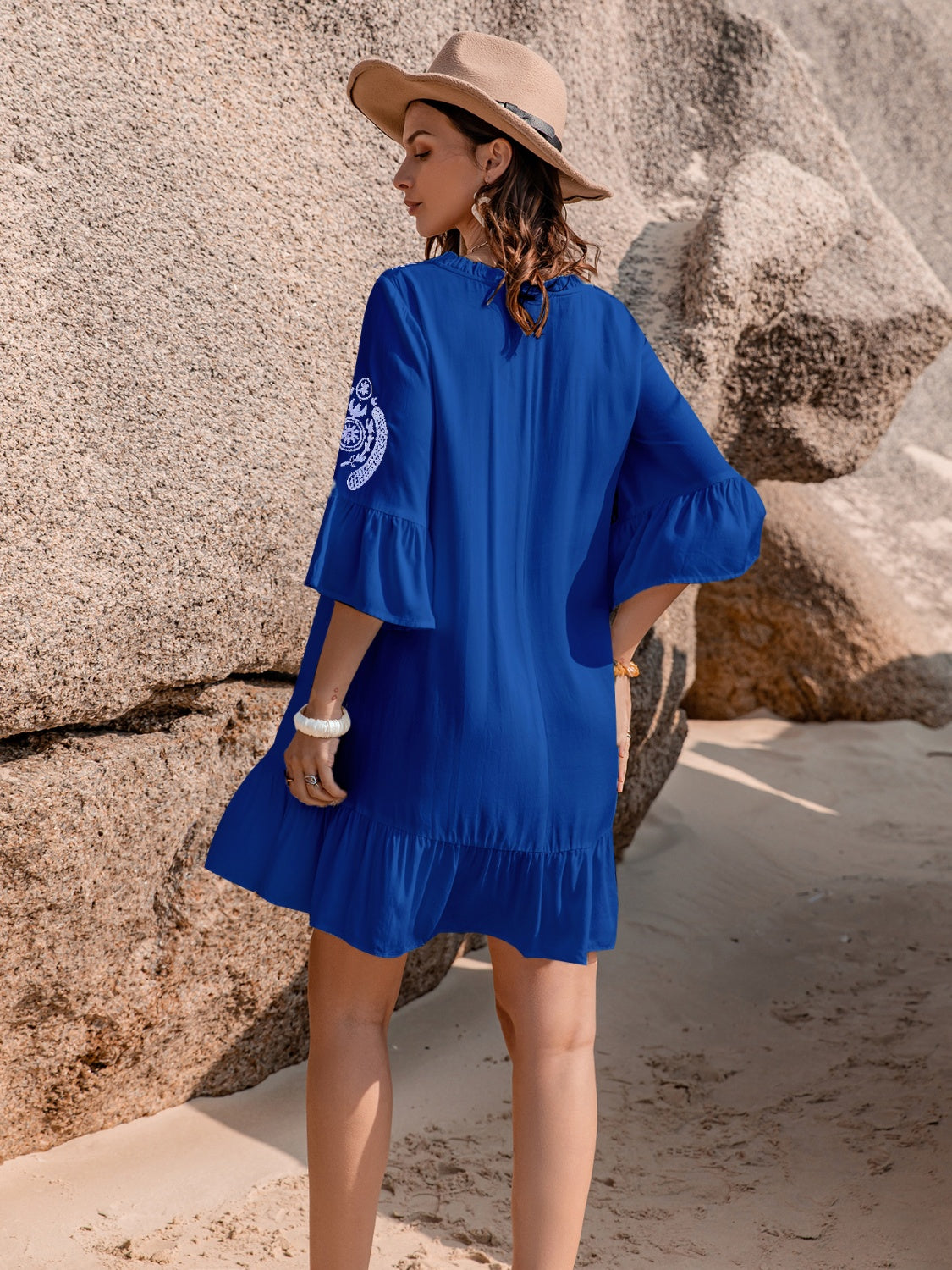 Printed Tie Neck Flounce Sleeve Mini Dress.