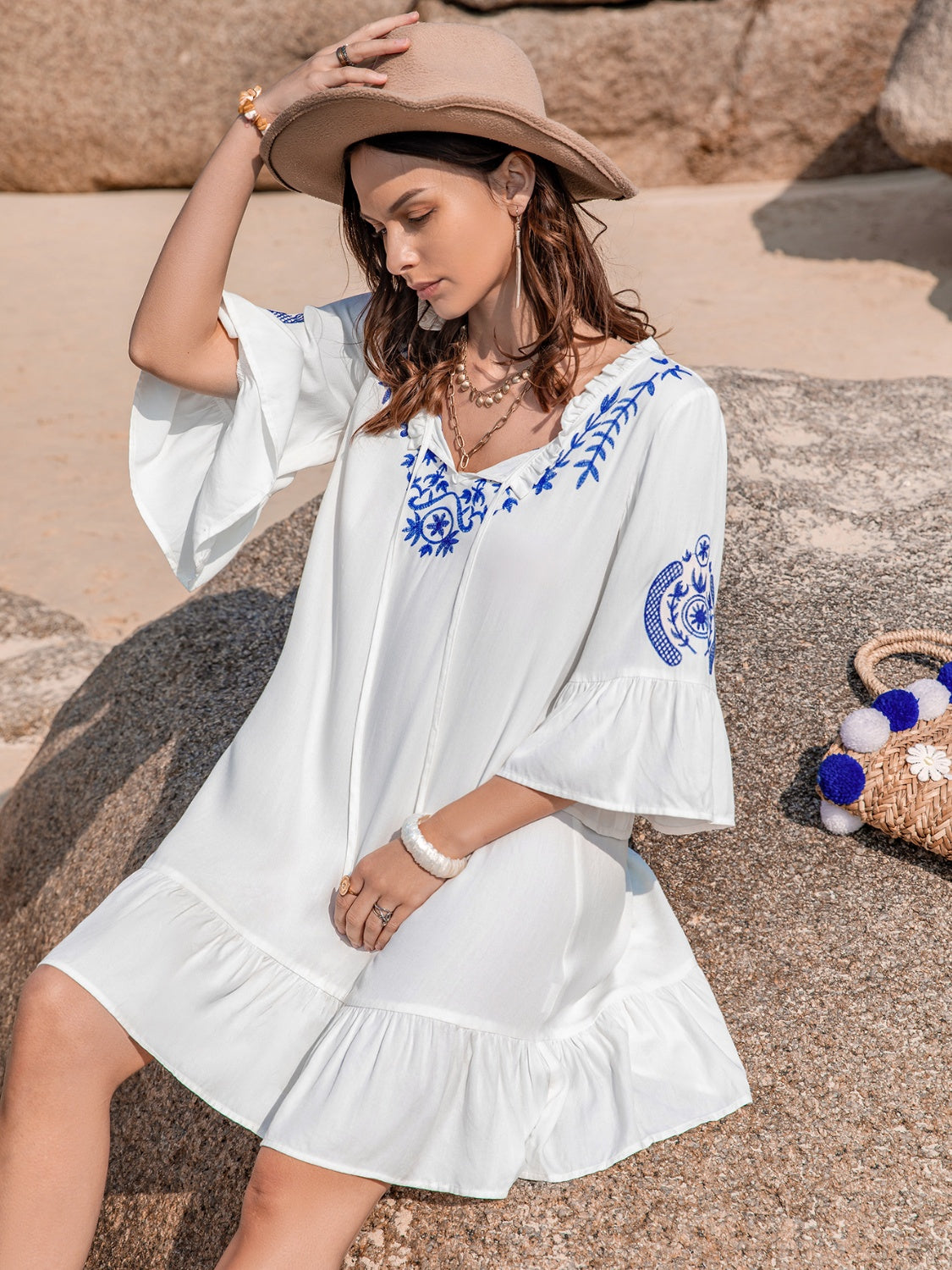 Printed Tie Neck Flounce Sleeve Mini Dress.